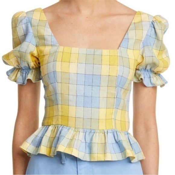 Staud Coastal Blue Yellow Plaid Linen Blend Puff Sleeve Dock Top Size 2